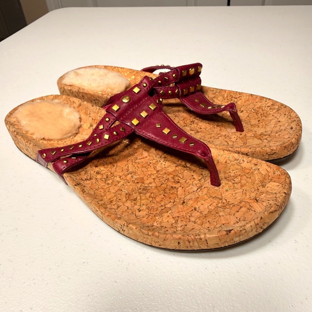 UGG Australia Deitra Burgundy Leather Studded Cork Sandals Boho Flip Flops